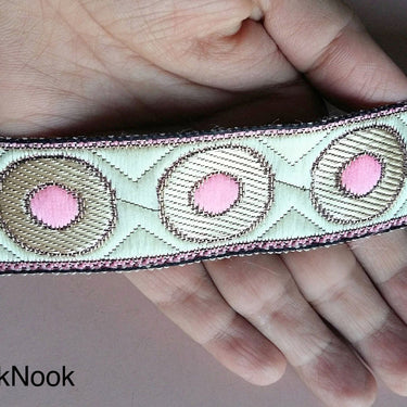 Orange / Blue / Beige Embroidered Trim with Gold and Pink Circle Pattern, Approx. 30mm Wide - 200317L409/10/11